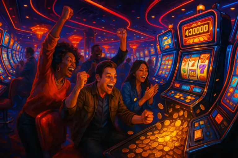 A vibrant casino scene with flashing slot machines, a giant jackpot counter, excited players, and gleaming coins spilling from a slot.