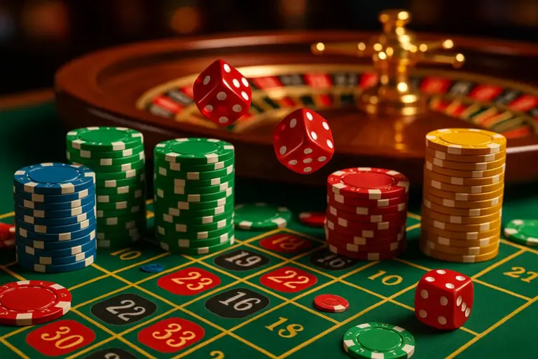 Casino Chips and Dice Swinging Across a Roulette Table