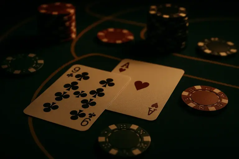 Close-up casino cards with subtle patterned edges, baccarat chips, and a dramatic gaming atmosphere