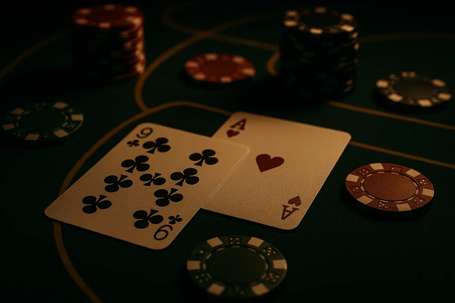 Close-up casino cards with subtle patterned edges, baccarat chips, and a dramatic gaming atmosphere